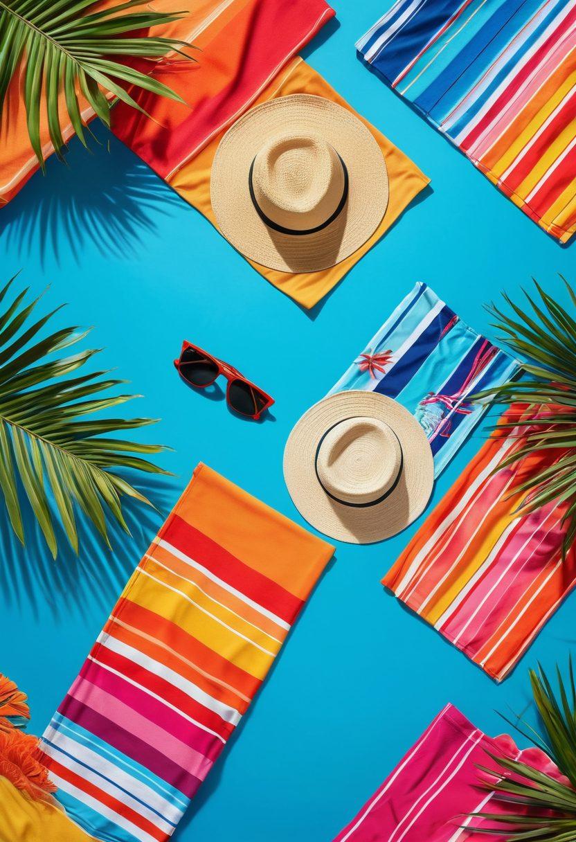 A colorful collage of trendy swimsuits and beach wear displayed on a vibrant beach setting, complete with sunbathers lounging on stylish beach towels, an azure ocean in the background, and palm trees swaying gently. Incorporate elements like sunglasses, summer hats, and beach accessories to create a lively vacation atmosphere. super-realistic. vibrant colors. sunny background.